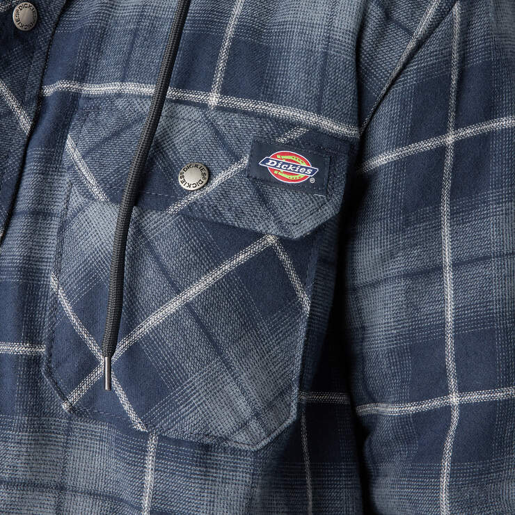 Water Repellent Flannel Hooded Shirt Jacket - Navy Storm Ombre Plaid (C1H) image number 7