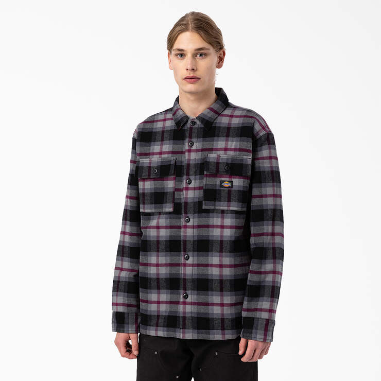 Flannel Quilted Lined Shirt Jacket - Black Wine Grey Plaid (APW) image number 1