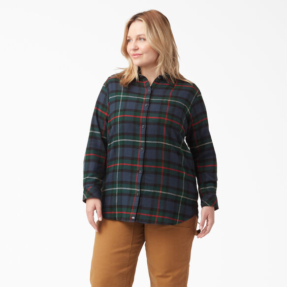 Women&#39;s Plus Size Long Sleeve Plaid Flannel Shirt - Ink Navy Tartan &#40;A1W&#41;