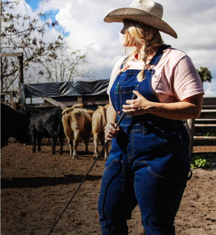 A woman looking at cows in a ranch setting.