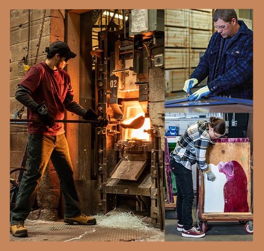 Bullseye Glass team members making colored sheet glass.