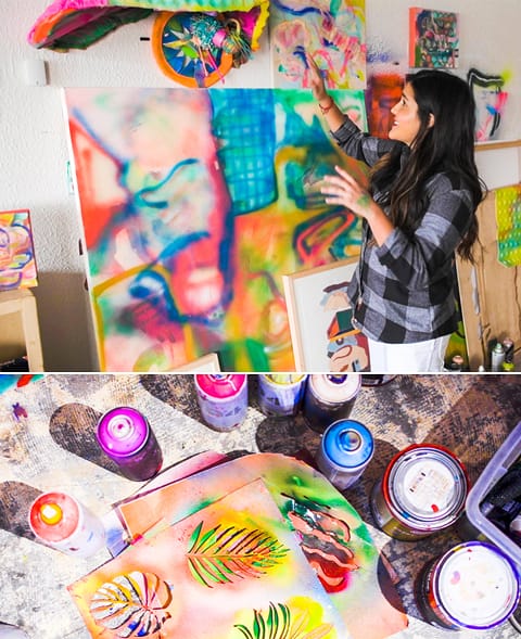 Mariell talking about the art next to her in the studio