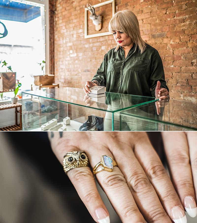 Liza works the counter in a comfortable lightweight women’s top and shows off her custom rings.