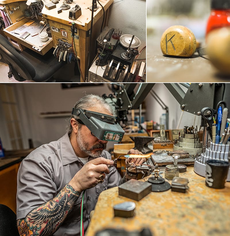Branden is surrounded by the tools of his trade, where small sizes demand detailed work, concentration and steady hands.