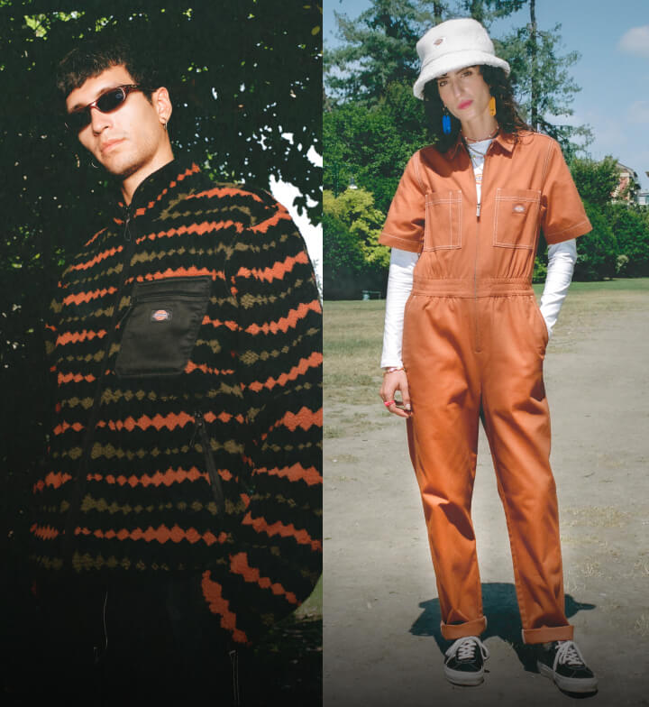 Two images, a woman wearing an orange pant on the left. On the right, a man wearing a graphic tee shirt
