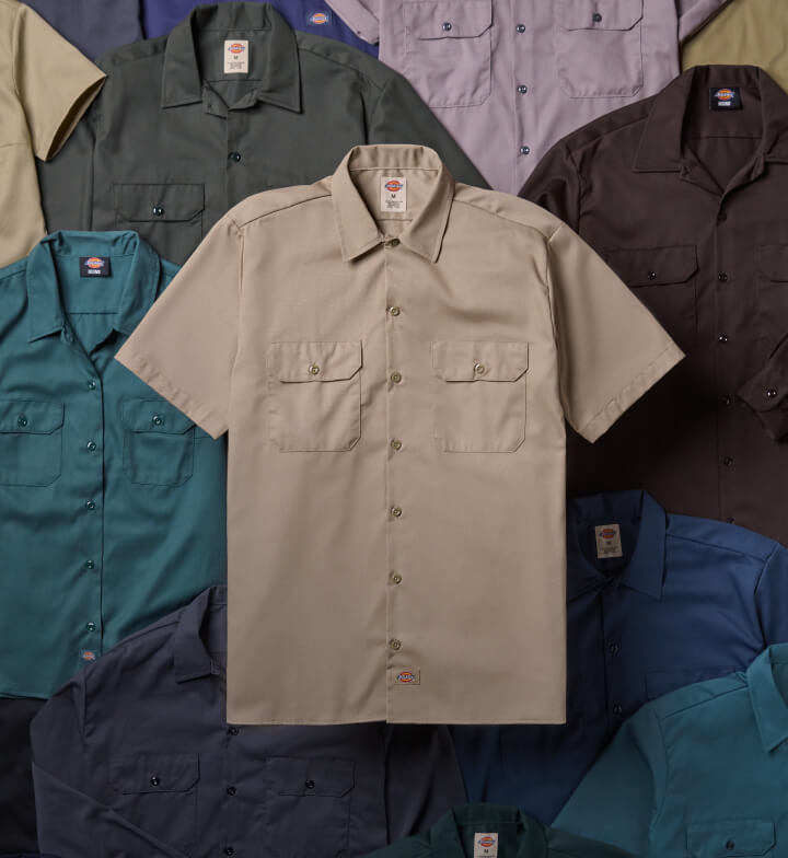 A 1574 work shirt with more of the same layered behind them.