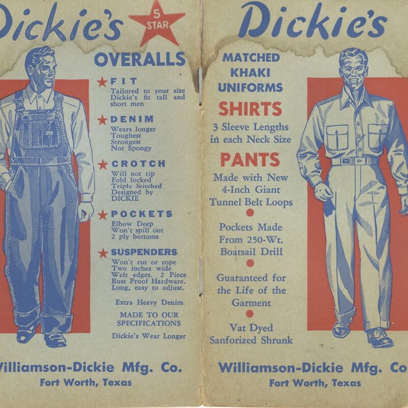 4 Dickies logo patches on a twill background ranging from the 1920s to the 1980s.