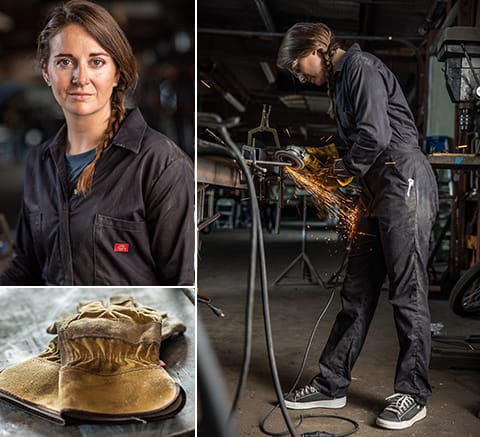 Carly gets to work in her Dickies Women’s Long Sleeve Cotton Coverall, keeping her hands protected from sparks with the Dickies Split Cowhide Leather Palm Gloves.