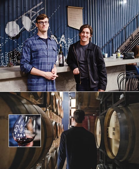 Top image: Ross & Travis smiling at the camera. Bottom image: Travis walking through an aisle of wine barrels & a close-up of a glass of wine.