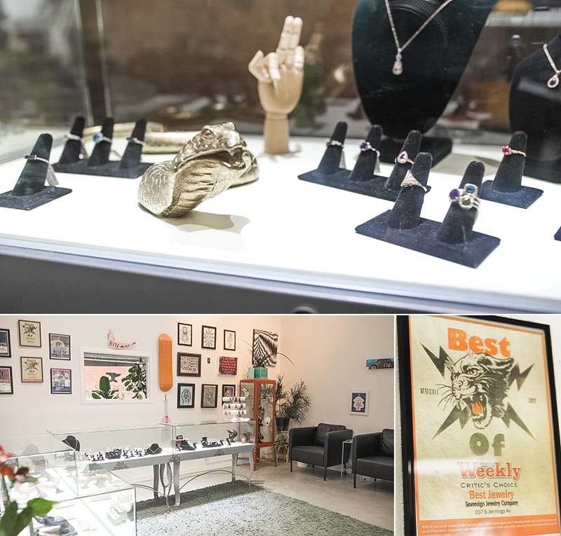 Inside his shop, the display cases feature custom pieces and framed awards decorate the walls.