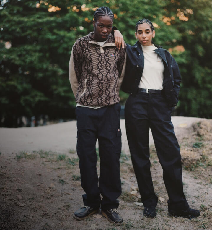 Two models posing while wearing the latest new arrivals from Dickies.