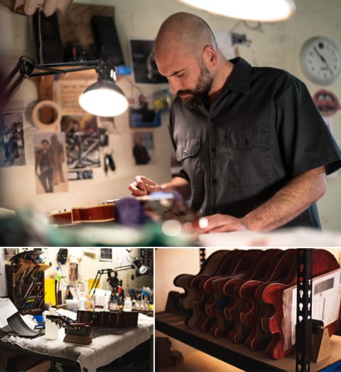 Top image: Adam works on a guitar in his gray work shirt. Bottom left image: Guitar Adam was working on laid on his working table. Bottom right image: Guitar bodies organized on a shelf ready for Adam to finish assembling them.