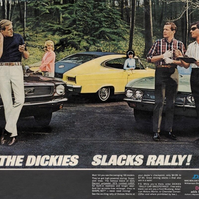 4 Dickies logo patches on a twill background ranging from the 1920s to the 1980s.