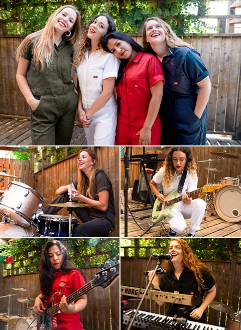 Bailey, Ariel, Stephanie and Chelsea line up in coveralls before getting down to work on their instruments