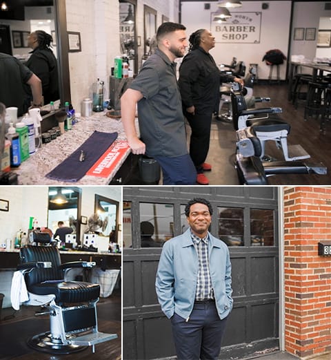 Above: Jorge and Sacrenette kick back and relax between customers. Below: Jonathan, owner of the shop, stands outside in a light blue Eisenhower jacket that’s coming soon.   