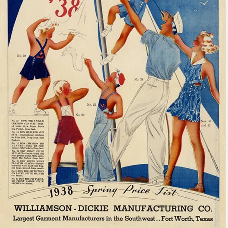 4 Dickies logo patches on a twill background ranging from the 1920s to the 1980s.