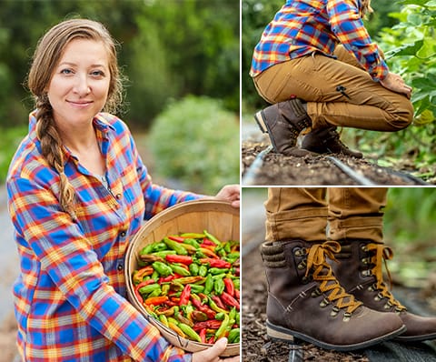 ABOVE: Monica proves that bending, kneeling and hauling produce is comfortable in her double-front duck pants and button-down work shirt.
