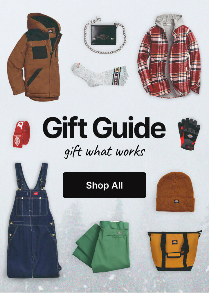 A collage of clothing styles around text saying 'Gift Guide'.