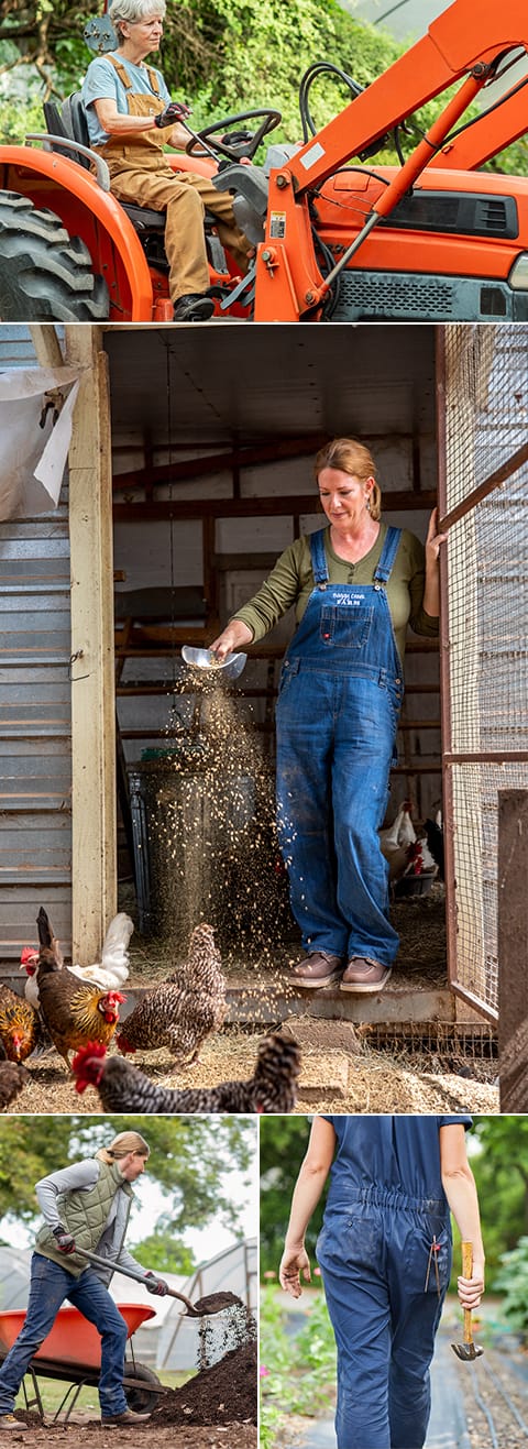 ABOVE: A variety of jobs demand a variety of workwear. Carol Ann shows us how to work the tractor while Tracy feeds the chickens, Niki loads up compost, and Monica makes her way to tack down the weed barrier fabric.