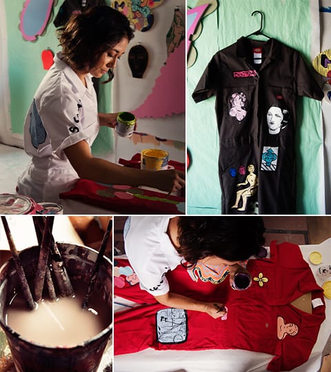 4 image collage with woman painting, her custom designed black coverall, a bucket of water with her paint brushes, and the woman painting on a red coverall.