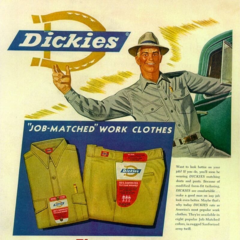 4 Dickies logo patches on a twill background ranging from the 1920s to the 1980s.