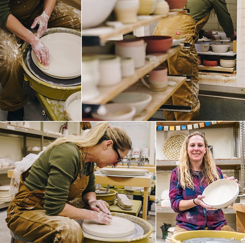 Lauren demonstrates the process of throwing clay while wearing duck overalls made for full coverage when it comes to messy jobs. You can find more authentic utility workwear like Lauren’s here.