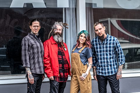 Located in Fort Worth, Chance and tattooers Sandy, Ashlee and Sven, make up the Fade To Black Tattoo Company. Look for more styles like they are wearing coming in Fall 2019.
