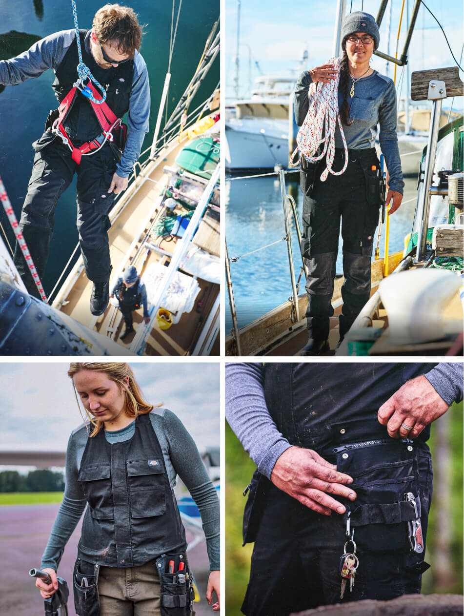 A four image grid of people using modular bibs in different layouts in various settings.