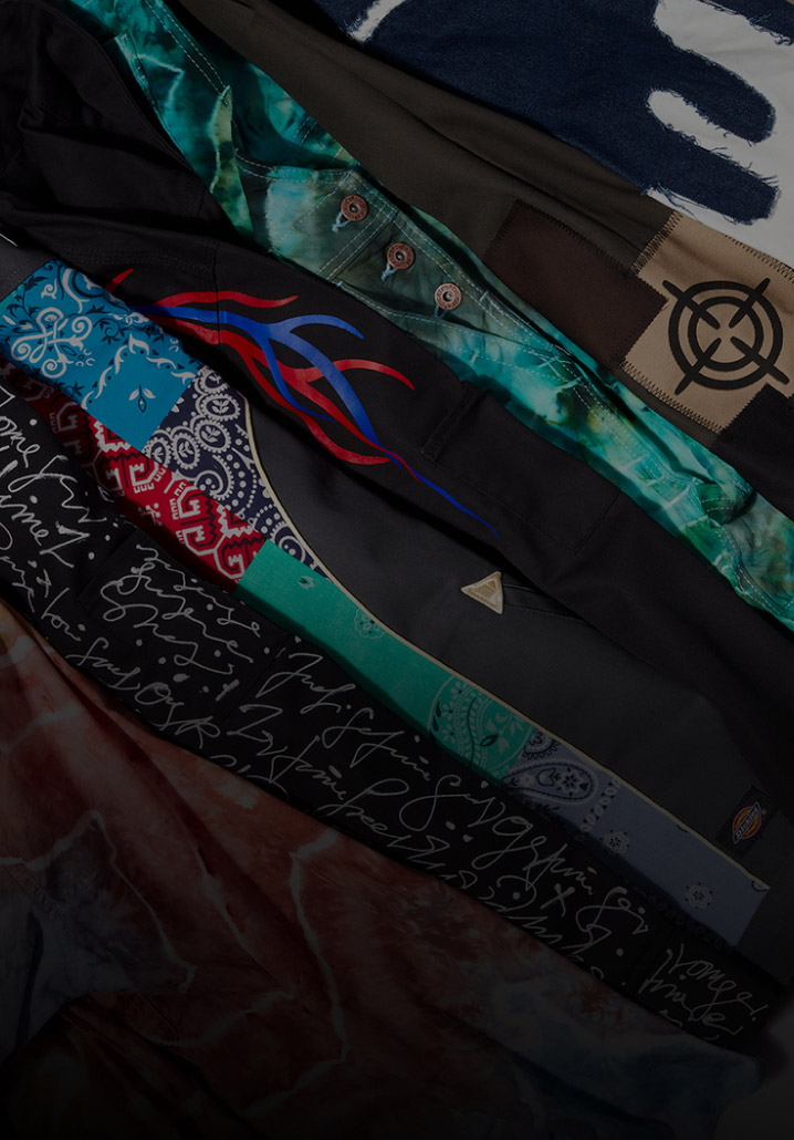 A collage of clothing styles lined in a horizontal line.