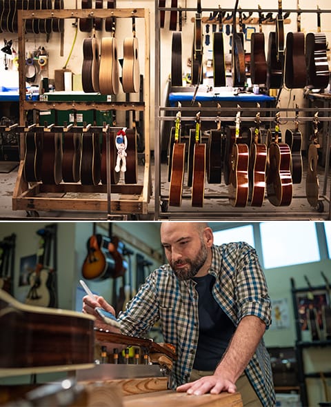 Top image: Racks of unfinished guitar bodies waiting to be completed. Bottom image: Adam adding finishing touches as he brushes gloss onto the guitar.