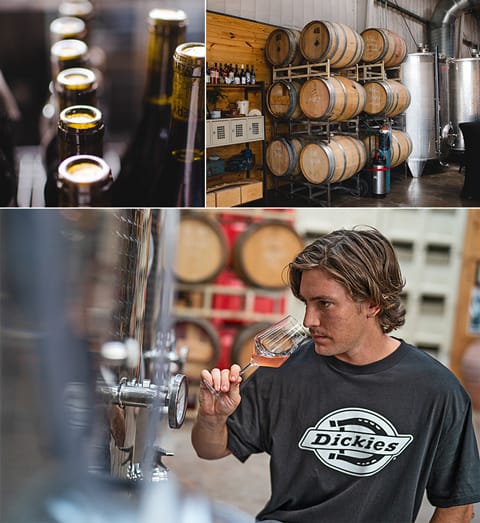 Images of close-up wine bottle, barrels, and Ross taking in the scent of some of his wine.
