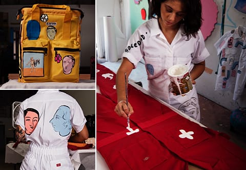 3 image collage with a custom designed yellow backpack, Sofia painting on a red coverall, and a back view of the custom white coverall she is wearing.