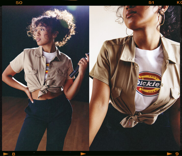 Two images vertically split in the middle, Kona posing while wearing a 1574 womens work shirt (left). A close up of Kona's undershirt that saying Dickies (right).