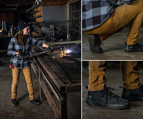 The Dickies Women’s Duck Carpenter Pants pair perfectly with the Plaid Flannel Shirt to keep Carly both warm and protected. She finishes off her look with the new Women’s Supa Dupa Steel Toe Shoes to protect her feet and have slip resistance in the shop. 