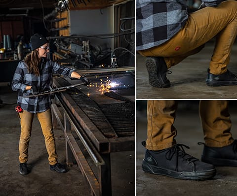 The Dickies Women’s Duck Carpenter Pants pair perfectly with the Plaid Flannel Shirt to keep Carly both warm and protected. She finishes off her look with the new Women’s Supa Dupa Steel Toe Shoes to protect her feet and have slip resistance in the shop.