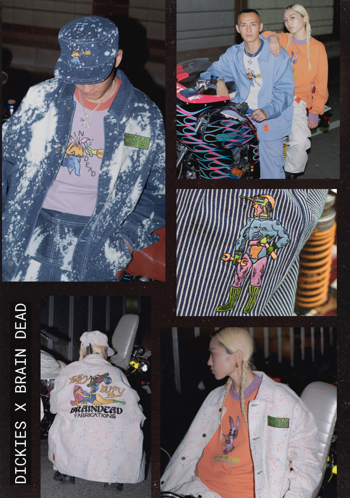 Brain Dead in collaboration with Dickies. A collage of images showcasing new clothing from Brain Dead.