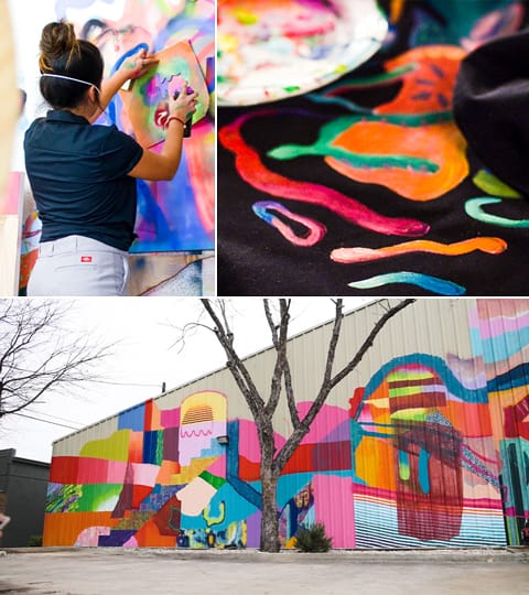 Top images: artist spray painting stencil design on mural and detail shot of hand painted design on jacket. Bottom image: colorful abstract mural on the side of a building.