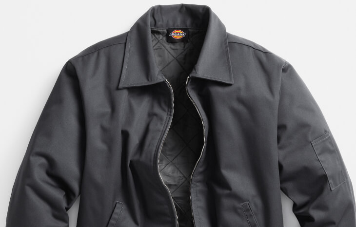 a laydown of dickies eisenhower jacket in gray