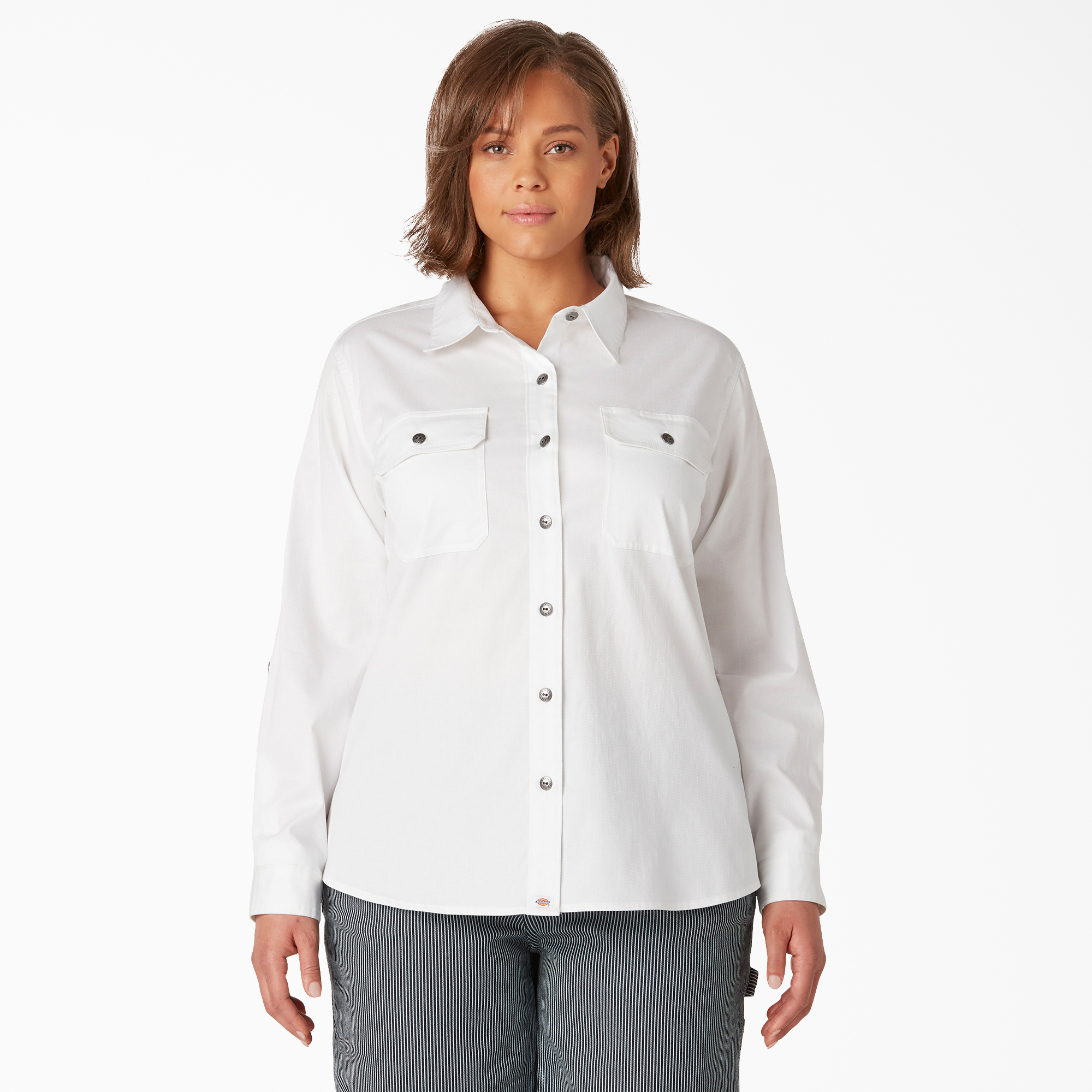 Women’s Plus Long Sleeve Roll-Tab Work Shirt - White (WH)