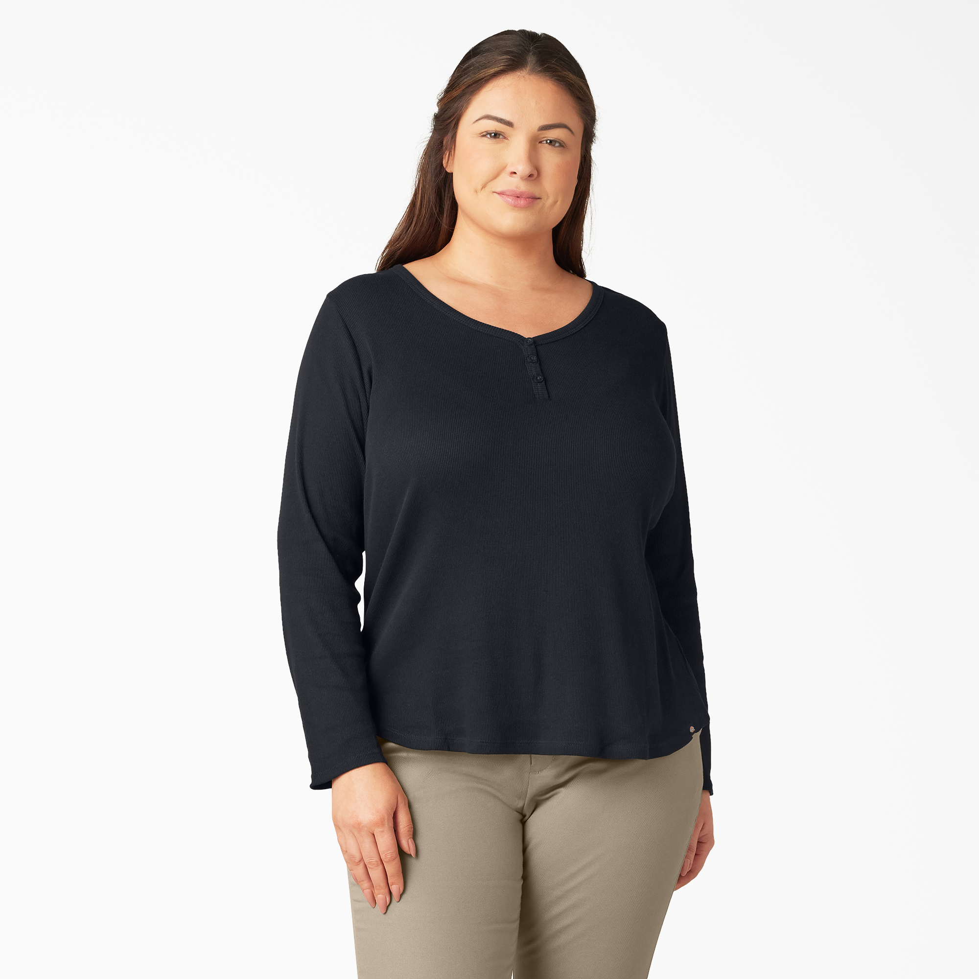 Women's Plus Long Sleeve Henley Shirt - Black (KBK)