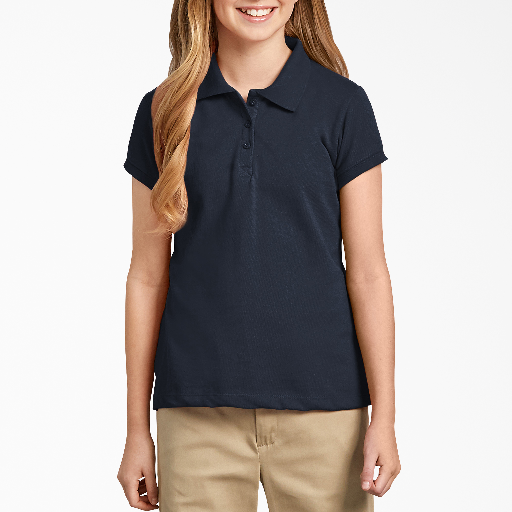 navy blue polo shirt and khaki pants