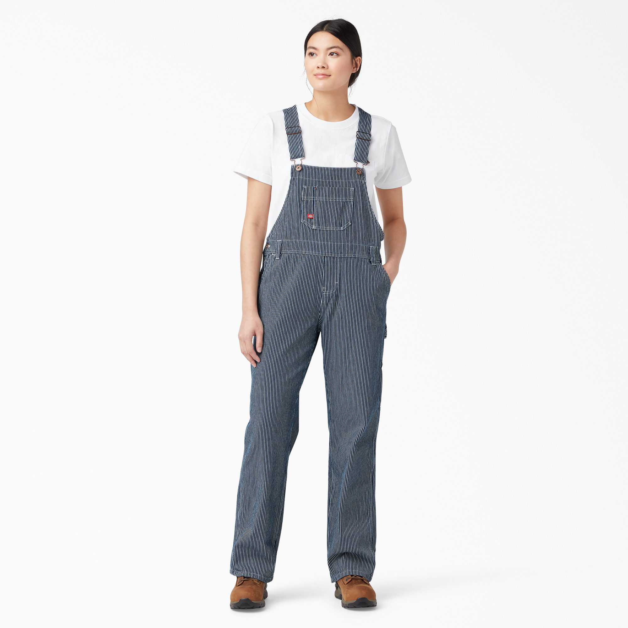 Women's Relaxed Fit Bib Overalls - Blue White Hickory Stripe (RHS)
