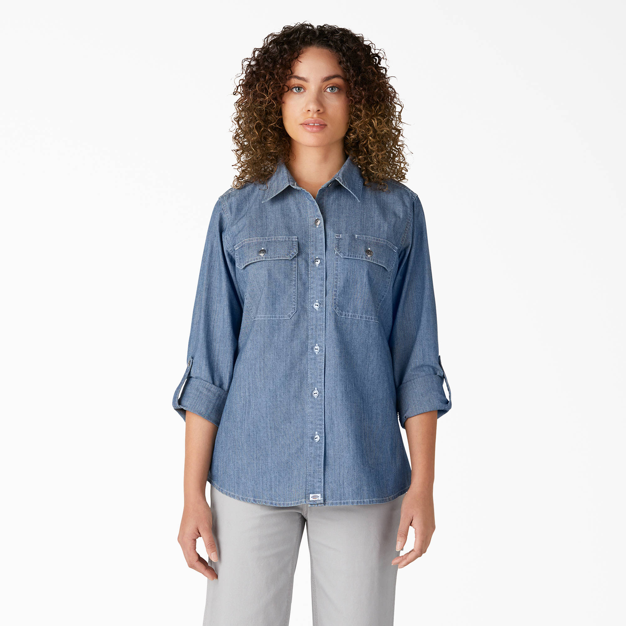 Women’s Long Sleeve Chambray Roll-Tab Work Shirt - Stonewashed Light Blue (LSW)